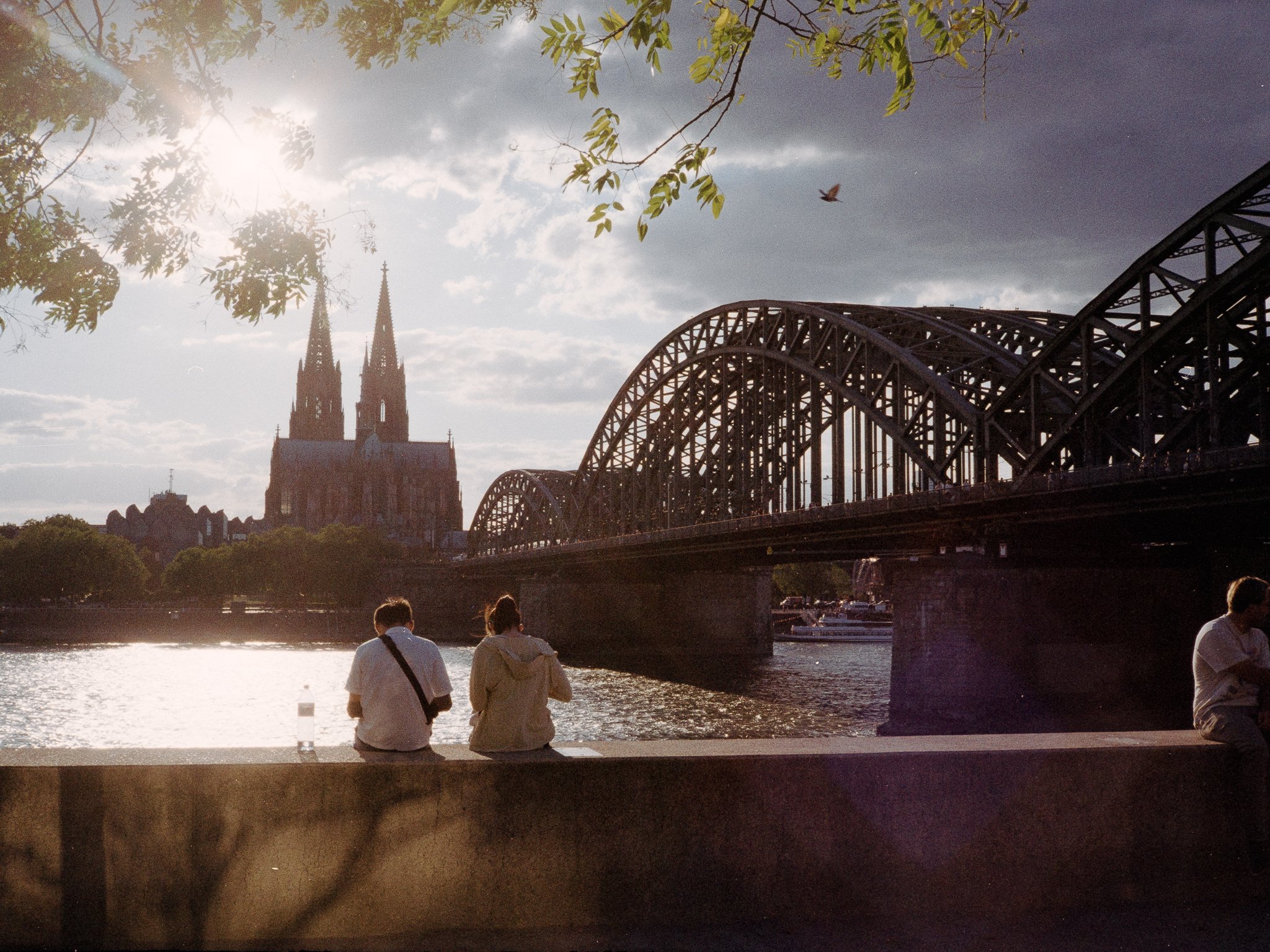 A couple sitting on the Rhine embankment facing Cologne cathedral and the Hohenzollern bridge