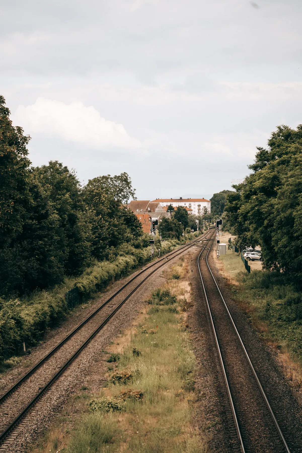 A single railway line running through green countryside in Alsace (photo by Hassan Anayi on Unsplash)